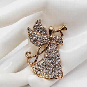 Vintage MONET Rhinestone Angel Brooch Gold Tone Holiday Pin 2 Inch